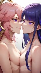 2girls ai_generated animal_ears breasts docking earrings female female_only genshin_impact hair_ornament kirill782 nude purple_hair side_view small_breasts stable_diffusion symmetrical_docking yae_miko