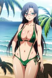 ai_generated beach big_breast big_breasts bikini black_hair black_hair_female glasses green_bikini green_eyes green_swimsuit green_swimwear hasegawa_chisato huge_breast huge_breasts large_breast large_breasts mature_female mature_woman milf older_female older_woman red_glasses shinmai_maou_no_testament sling_bikini sling_swimsuit slingshot_bikini slingshot_swimsuit swimsuit swimwear