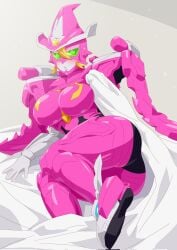 1boy bent_over blanket blanket_grab blonde_hair blush_stickers breasts colored_skin cum dragon_girl facial female green_eyes hat highres kikai_sentai_zenkaiger large_breasts looking_at_viewer lying magine mecha mechanical_wings on_bed otokam1117 pink_skin robot shirt super_sentai tag tokusatsu white_background wings witch witch_hat