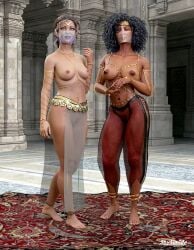 2girls 3d black_hair blonde_hair dark_skin dark_skinned_female see-through see-through_clothing see-through_pants shytimide topless topless_female