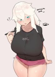 1girls ?? absurd_res april_fools aqua_eyes big_breasts blue_eyes blush buta99 english_text female female_only humanized long_hair looking_at_viewer narrowed_eyes shorts simple_background solo t-shirt text vanilla_(buta99) white_eyelashes white_hair