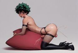 1boy after_sex ai_generated cerberuspup77926 cum_flowing_from_ass cum_leaking_out_of_anus cute_male deku femboy feminine_male fishnets gay high_heel_boots high_heels izuku_midoriya male my_hero_academia penis pillow