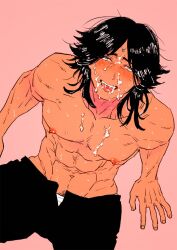 black_hair blush circlet cum cum_in_mouth cum_on_face cum_on_upper_body facial gaolang_wongsawat gyogyogyotto high-angle_view kengan_(series) kengan_ashura looking_at_viewer male male_only messy_hair muscular muscular_male open_mouth sitting solo sweat tan_skin tongue_out topless topless_male