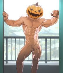 1boy balls bara big_balls big_penis halloween holidays katto8452 lin.katto male male_nipples male_only muscular_male nipples nude penis precum precum_drip pumpkin pumpkin_head pumpkin_head_(character)