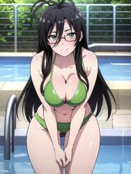 ai_generated big_boobs big_breast big_breasts bikini black_hair black_hair_female glasses green_bikini green_eyes green_swimsuit green_swimwear hasegawa_chisato huge_breast huge_breasts large_breast large_breasts mature_female mature_woman milf older_female older_woman red_glasses shinmai_maou_no_testament swimsuit swimwear