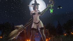 black_hair bra broom feline halloween kynalea_dawnfire moon moonlight morilymory night_elf no_panties warcraft world_of_warcraft