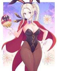 1girls absurdres alternate_costume alternate_hairstyle animal_ears black_leotard bow bowtie bowtie_collar breasts bunny_ears bunny_girl bunnysuit cape cleavage coattails covered_navel cuffs detached_collar easter_egg edelgard_von_hresvelg egg fake_animal_ears female female_only fire_emblem fire_emblem:_three_houses fire_emblem_heroes flower flower_in_hair gloves hair_flower highres large_breasts leotard light-skinned_female light_skin long_hair looking_at_viewer medium_breasts nintendo pantyhose playboy_bunny ponytail purple_eyes rabbit_ears red_cape smile solo strapless strapless_leotard truejekart white_flower white_hair