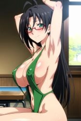 ai_generated big_breast big_breasts bikini black_hair black_hair_female glasses green_bikini green_eyes green_swimsuit green_swimwear hasegawa_chisato huge_breast huge_breasts large_breast large_breasts mature_female mature_woman milf older_female older_woman red_glasses shinmai_maou_no_testament sling_bikini sling_swimsuit slingshot_bikini slingshot_swimsuit swimsuit swimwear