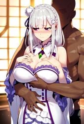 ai_generated big_breasts dark-skinned_male elf elf_ears elf_female elf_girl emilia_(re:zero) female flower_in_hair flower_ornament hair_ornament half-elf heavenly_ass interracial light-skinned_female light_skin long_hair male male/female pointy_ears princess purple_eyes re:zero_kara_hajimeru_isekai_seikatsu royalty silver_hair thighhigh_boots very_long_hair white_hair