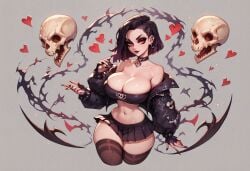 ai_generated goth_girl midriff pleated_skirt skulls thighhighs