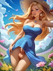 1futa ai_generated balls balls_under_clothes big_penis blonde_hair bottomless_skirt breasts clouds covered_penis daytime dress earrings erect_penis erection erection_under_clothes erection_under_skirt esendor field flowers forest_background futa_only futa_sans_pussy futanari hat huge_breasts huge_cock lifting_skirt long_hair makeup narrow_waist necklace outdoors penis penis_bulge penis_under_clothes penis_under_skirt petals skirt skirt_lift sky smile tenting testicles wind