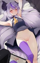 1girls ahoge armpits blush closed_eyes cum cum_in_pussy cum_inside demon_girl demon_horns fujisaki_hikari grey_hair hololive hololive_japan holox la+_darknesss long_hair lying multicolored_hair navel on_back open_mouth purple_hair small_breasts solo straight_hair sweat virtual_youtuber