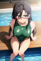 ai_generated big_breast big_breasts black_hair black_hair_female glasses green_eyes green_swimsuit green_swimwear hasegawa_chisato huge_breast huge_breasts large_breast large_breasts mature_female mature_woman milf older_female older_woman red_glasses shinmai_maou_no_testament swimsuit swimwear