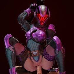 3d 3d_(artwork) armor blender cowgirl_position dark_corners fortnite helmet lingerie mask penetration stockings the_imagined_(fortnite) wet_pussy