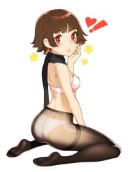 female_only halphelt kneeling lingerie makoto_niijima no_shoes pantyhose persona persona_5 red_eyes scarf solo solo_female