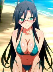 ai_generated beach big_boobs big_breast big_breasts bikini black_hair black_hair_female glasses green_bikini green_eyes green_swimsuit green_swimwear hasegawa_chisato huge_breast huge_breasts large_breast large_breasts mature_female mature_woman milf older_female older_woman red_glasses shinmai_maou_no_testament swimsuit swimwear