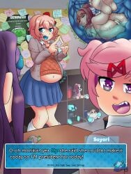 allithemeal ass ass_focus blue_insides blue_mouth classroom classroom_desk curled_up dialog dialogue dialogue_box doki_doki_literature_club fat fat_woman feet female green_pussy hi_res legs_up mawshot monika_(doki_doki_literature_club) multiple_girls natsuki_(doki_doki_literature_club) nude_female open_mouth pink_eyes pink_hair purple_hair pussy same_size_vore sayori_(doki_doki_literature_club) skirt vore vore_belly willing_prey yuri_(doki_doki_literature_club)