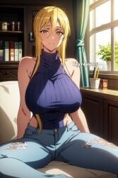 ai_generated big_breasts blonde blonde_female blonde_hair blonde_hair_female blue_sweater highschool_of_the_dead huge_breasts jeans large_breast large_breasts shizuka_marikawa sweater tiger-groves yellow_eyes