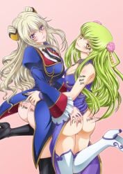 2girls ass ass_grab blonde_hair blush body_writing boots c.c. code_geass code_geass:_boukoku_no_akito female green_hair hair_bun hair_ornament kaname_aomame knees_together_feet_apart leila_(code_geass) leila_malcal long_hair looking_at_viewer looking_back medium_breasts military_uniform no_panties presenting presenting_hindquarters purple_eyes thigh_boots twin_buns yellow_eyes yuri