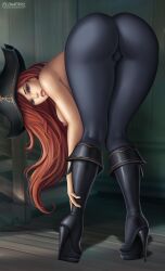 1girls artist_name ass bent_over big_ass black_high_heel_boots blue_hair boots brown_hair brown_lipstick brown_nipples detailed_background female female_only flowerxl hand_on_shoulders high_heel_boots high_heels high_resolution huge_ass league_of_legends long_hair looking_at_viewer looking_back looking_pleasured miss_fortune no_shirt pale-skinned_female pirate_hat presenting presenting_hindquarters solo tight_pants