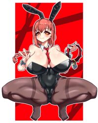 1boy 1girls big_breasts braid braided_hair breast_grab breast_squeeze breasts bunny_costume bunny_ears bunnygirl bunnysuit chainsaw_man denji_(chainsaw_man) female/male grabbing_breasts light-skinned_female light_skin looking_at_viewer makima_(chainsaw_man) male/female miyako_noh red_hair red_hair tie yellow_eyes