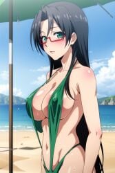 ai_generated big_breast big_breasts bikini black_hair black_hair_female glasses green_bikini green_eyes green_swimsuit green_swimwear hasegawa_chisato huge_breast huge_breasts large_breast large_breasts mature_female mature_woman milf older_female older_woman red_glasses shinmai_maou_no_testament sling_bikini sling_swimsuit slingshot_bikini slingshot_swimsuit swimsuit swimwear