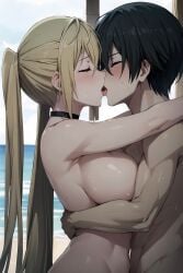 1boy 1boy1girl 1girls ai_generated anonymous_male beach big_breasts closed_eyes female french_kiss french_kissing hugging kissing kissing_while_hugging lieselotte_sherlock male nude nude_female nude_male tongue_kiss tongue_kissing trinity_seven twintails