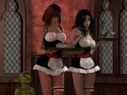 2girls 3d black_hair brown_hair goblin goblin_male green_skin height_difference horpheu maid maid_uniform original