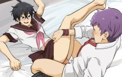 2boys anal anal_sex bed blush cheating crossdressing erection femboy femboysub gay girly horimiya idoraad ishikawa_tooru leg_grab lilprincyvi male_only miyamura_izumi open_mouth penetration penis_in_ass school_uniform tattoo yaoi