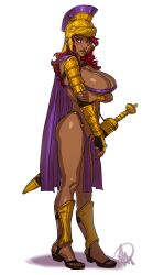 1girls arm_guards armor ass athletic_female bandeau blush breast_hold breasts cape dark-skinned_female dark_skin eyes female female_only female_warrior footwear ganassa gold_armor hair headwear helmet history huge_breasts lips looking_at_viewer original pelvic_curtain purple_cape purple_clothing red_eyes red_hair roman royal_guard sandals sheathed_sword sheathed_weapon shin_guards side_view simple_background solo solo_female sword thick_lips unconvincing_armor weapon white_background