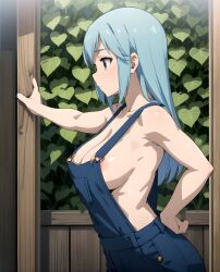 1girls ai_generated aqua_(konosuba) big_breasts blue_eyes blue_hair breasts busty denim female female_only from_side hand_on_hip hi_res kono_subarashii_sekai_ni_shukufuku_wo! large_breasts long_hair naked_overalls no_bra overalls pose posing sensual sideboob solo subaruarm voluptuous