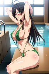 ai_generated big_breast big_breasts bikini black_hair black_hair_female glasses green_bikini green_eyes green_swimsuit green_swimwear hasegawa_chisato huge_breast huge_breasts large_breast large_breasts mature_female mature_woman milf older_female older_woman red_glasses shinmai_maou_no_testament sling_bikini sling_swimsuit slingshot_bikini slingshot_swimsuit swimsuit swimwear