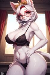 1girls ai_generated anthro anthro_only basketmuffin big_breasts black_bra black_panties black_underwear bra breasts breath_of_the_wild female female_only furry furry_only glasses hi_res indoors navel nintendo panties purah purah_(tears_of_the_kingdom) solo solo_female tears_of_the_kingdom the_legend_of_zelda thick_thighs underwear white_fur wide_hips