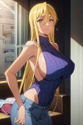 ai_generated big_breasts blonde blonde_female blonde_hair blonde_hair_female blue_sweater highschool_of_the_dead huge_breasts jeans large_breasts shizuka_marikawa sweater tiger-groves yellow_eyes