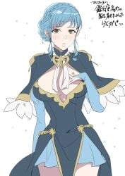 1girls absurdres adapted_costume alternate_hairstyle bare_thighs blue_capelet blue_dress blue_hair blush braid breasts bridal_gauntlets brown_eyes capelet cleavage commentary_request crown_braid deep_skin dress female female_only fire_emblem fire_emblem:_three_houses flying_sweatdrops hand_on_own_chest highres large_breasts light_blue_hair looking_at_viewer marianne_von_edmund nintendo pelvic_curtain short_hair sidelocks simple_background skirt solo sou_mei sweatdrop thighs translation_request white_background