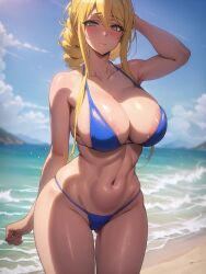 ai_generated beach big_breasts bikini blonde blonde_female blonde_hair blonde_hair_female blue_bikini blue_swimsuit blue_swimwear highschool_of_the_dead huge_breasts large_breasts shizuka_marikawa swimsuit swimwear yellow_eyes