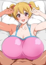 1boy 1girls armpits blonde_hair breasts clothing cure_peach engulfing_paizuri fresh_precure! hands-free_paizuri huge_breasts jabara_tornado large_breasts lying lying_on_back lying_on_bed momozono_love on_back paizuri paizuri_under_clothes pink_eyes pov precure pretty_cure straddling straddling_paizuri titfuck