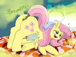 4:3 anus ass ass_up bed big_butt blue_eyes blush cutie_mark dendollae disembodied_hand dock equid equine fart fart_cloud fart_fetish feathered_wings feathers female fluttershy_(mlp) friendship_is_magic furniture hair hair_on_head half-closed_eyes hasbro hooves long_hair lying mammal my_little_pony narrowed_eyes onomatopoeia open_mouth open_smile pegasus petting pillow pink_hair puffy_anus raised_tail smile sound_effects text wavy_mouth wings yellow_body