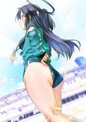 ass black_hair blue_archive blue_hair blurry blurry_background blush breasts buruma buruma_pull confetti depth_of_field ebitop female gym_uniform halo highres jacket long_hair mechanical_halo official_alternate_costume petals ponytail purple_hair shirt solo thighs whistle yuuka_(blue_archive) yuuka_(track)_(blue_archive)