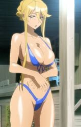 ai_generated beach big_breasts bikini blonde blonde_female blonde_hair blonde_hair_female blue_bikini blue_swimsuit blue_swimwear highschool_of_the_dead huge_breasts large_breasts screencap screenshot shizuka_marikawa swimsuit swimwear yellow_eyes