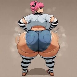 1girls 2d ai_generated ap big_ass big_breasts elbow_gloves facing_away female female_focus female_only full_color huge_ass jean_shorts looking_at_viewer motion_blur motion_lines no_penetration one_piece perona pink_hair solo solo_female solo_focus stable_diffusion striped_legwear sweat tagme thighhighs twerking