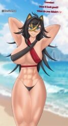 animal_ears beach black_hair cat_ears dehya_(genshin_impact) english_text genshin_impact haxial large_breasts swimsuit tagme