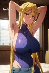 ai_generated big_breasts blonde blonde_female blonde_hair blonde_hair_female blue_sweater highschool_of_the_dead huge_breasts jeans large_breast large_breasts shizuka_marikawa sweater tiger-groves yellow_eyes