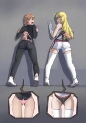 2girls black_panties black_underwear blonde_female blonde_hair blonde_hair_female bow_panties brown_eyes camel_toe cameltoe disembodied_hand disembodied_hands female misaka_mikoto multiple_girls panties pink_panties pink_underwear print_panties print_underwear shoes shokuhou_misaki short_hair socks socks_and_shoes suwokosaiyan thigh_socks thighhighs to_aru_kagaku_no_railgun to_aru_majutsu_no_index underwear wedgie wedgie_fetish wedgiebully wedgied_female wedgienerd wedgies white_socks yellow_eyes yellow_hair