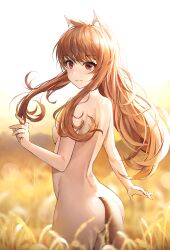 1girls animal_ears blush brown_hair bubble_butt completely_nude female female_only holo kemonomimi long_hair looking_at_viewer looking_back nude oerba_yun_fang outside red_eyes sideboob small_breasts smile solo spice_and_wolf suou-sensei tail wolf_ears wolf_girl wolf_tail