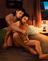 2022 2boys artist_signature background bed bedroom bedroom_setting cuddling deputy_(far_cry_5) dusk evening far_cry_5 gay hand_on_chest hand_on_nipple hugging_from_behind lamp male_only mullet naked_hug naked_male nude nude_male painting pillow pillows redre staci_pratt stubble wallpaper_(decoration) wholesome window yaoi