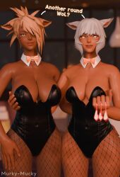 2girls 3d alternate_breast_size big_breasts bunnysuit cat_ears cat_tail condom covered_nipples crossed_legs dark-skinned_female dark_skin female_focus female_only final_fantasy final_fantasy_xiv girls glowing_eyes looking_down m'naago miqo'te murky_mucky revealing_clothes short_hair sitting skimpy_clothes smiling_at_viewer square_enix tattoo text used_condom white_eyes white_hair y'shtola