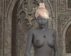 1girls 3d dark_skin dark_skinned_female drow elf elf_female horpheu nude nude_female original pointy_ears upper_body white_hair