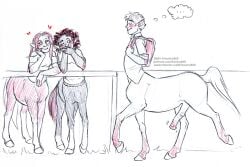 1boy 2024 2girls animal_genitalia animal_penis arm_support artist_name backpack blush bottomless bottomless_female bottomless_male bottomless_taur casual_erection centaur clothed clothing copyright_symbol curled_hair dress_shirt equid equid_taur equine_genitalia equine_penis erection female fur genitals group guide_lines hair heart_symbol hi_res hooves humanoid_taur kevira065 leaning_on_elbow male mammal mammal_taur medial_ring penis quadruped red_body red_fur red_hair shirt simple_background standing straight_hair sweater symbol t-shirt taur text thought_bubble topwear topwear_only traditional_media_(artwork) trio uncensored unguligrade url walking white_background year