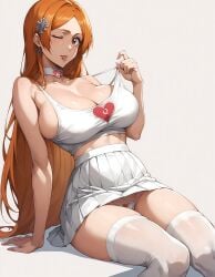 1girls 2d ai_generated alan_rex big_breasts bleach breasts collar inoue_orihime mommy orange_hair queen_of_hearts skirt stockings tight_tank_top